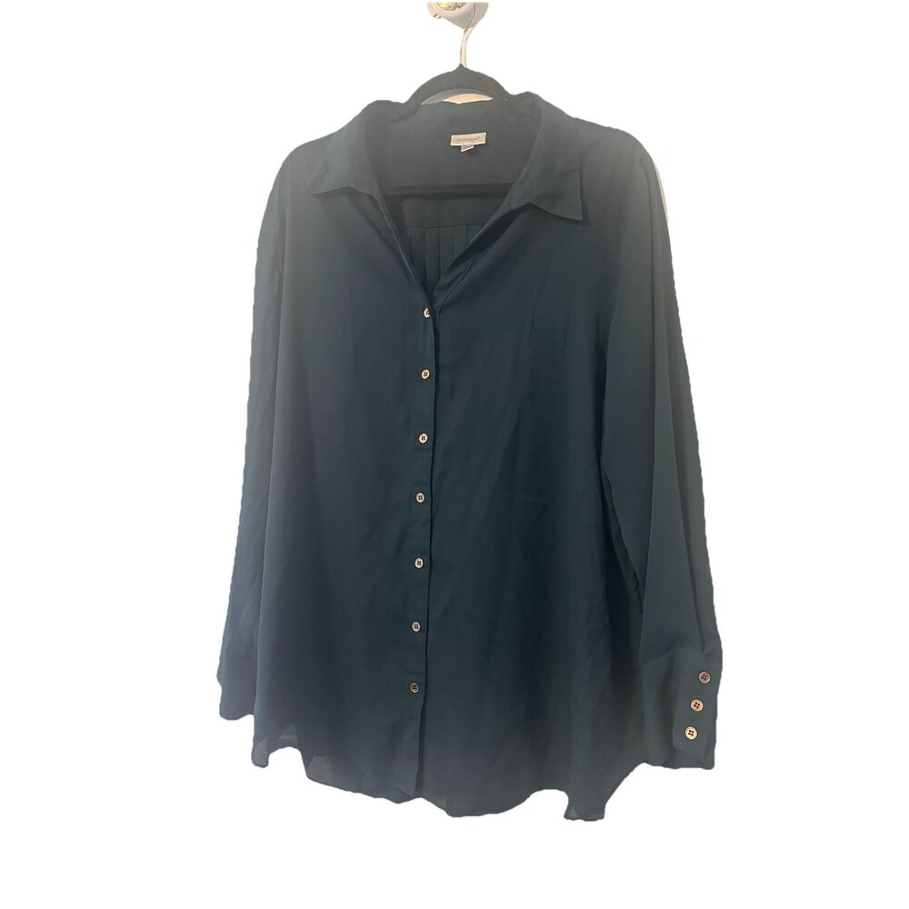 Avenue Blouse 20 Green Long Sleeve Pleated Back Collar Gold Buttons